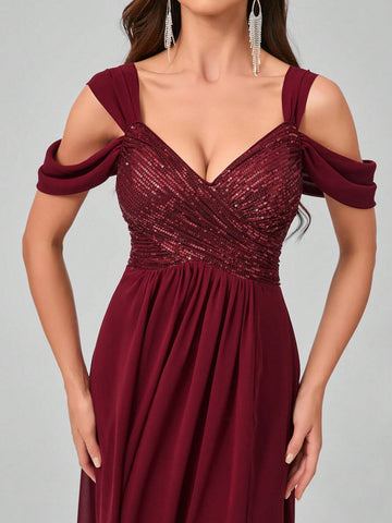 Elegant Sequin Patchwork Split Chiffon Formal Dress