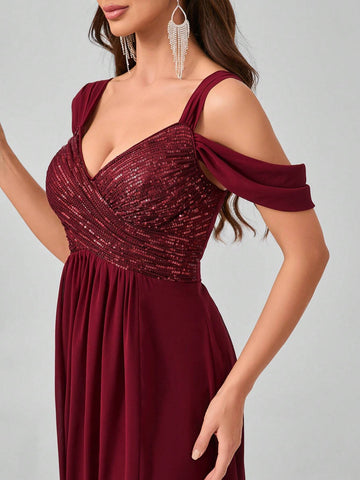 Elegant Sequin Patchwork Split Chiffon Formal Dress