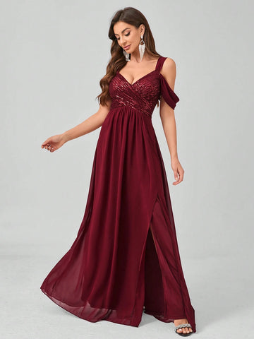 Elegant Sequin Patchwork Split Chiffon Formal Dress