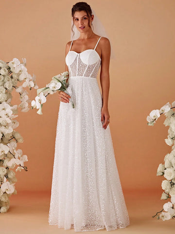 Elegant Sequin Spaghetti Strap Wedding Dress