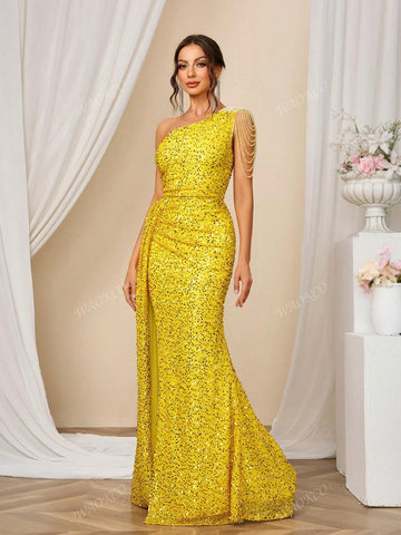 Elegant Sequins Embellished Spaghetti Strap Ruched Maxi Evening Dress