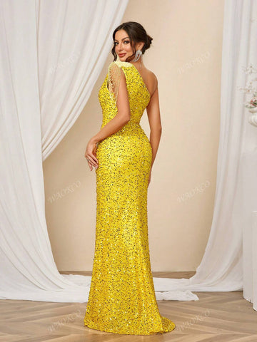 Elegant Sequins Embellished Spaghetti Strap Ruched Maxi Evening Dress