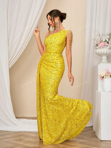 Elegant Sequins Embellished Spaghetti Strap Ruched Maxi Evening Dress