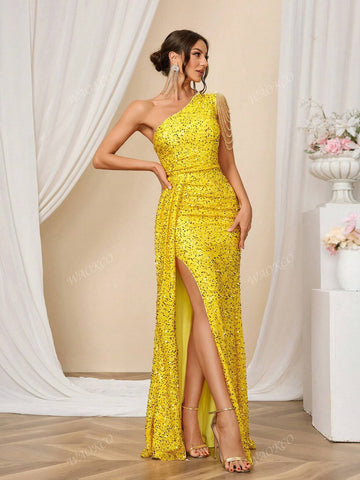 Elegant Sequins Embellished Spaghetti Strap Ruched Maxi Evening Dress