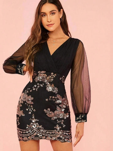 Elegant Sexy V-Neck Sequin Dress, Formal Gown For Party