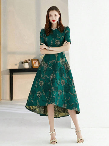 Elegant Short-Sleeve Irregular Party Dress With Heavy Jacquard Patterns