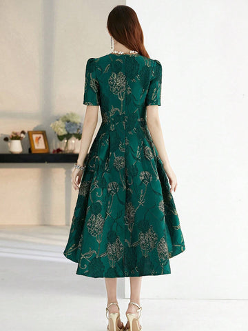 Elegant Short-Sleeve Irregular Party Dress With Heavy Jacquard Patterns