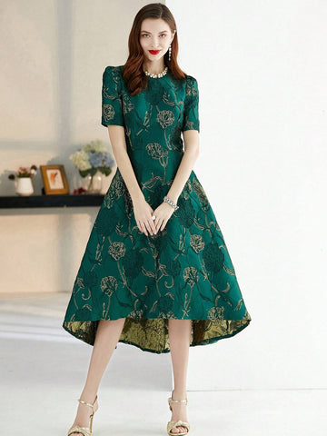 Elegant Short-Sleeve Irregular Party Dress With Heavy Jacquard Patterns