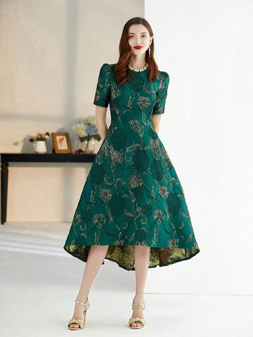 Elegant Short-Sleeve Irregular Party Dress With Heavy Jacquard Patterns