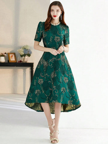 Elegant Short-Sleeve Irregular Party Dress With Heavy Jacquard Patterns
