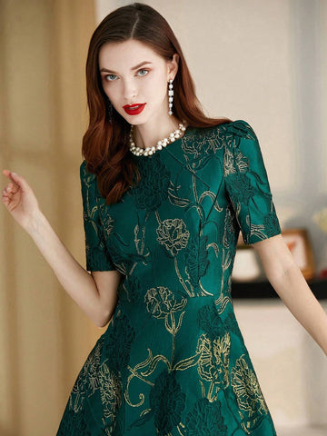 Elegant Short-Sleeve Irregular Party Dress With Heavy Jacquard Patterns