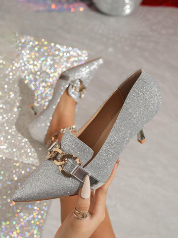 Elegant Silver Pointy Toe High Heels With Bow Accent, Women's Fashion Dress Shoes For Spring Autumn, Unique Design Dainty Stiletto Pumps