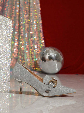 Elegant Silver Pointy Toe High Heels With Bow Accent, Women's Fashion Dress Shoes For Spring Autumn, Unique Design Dainty Stiletto Pumps