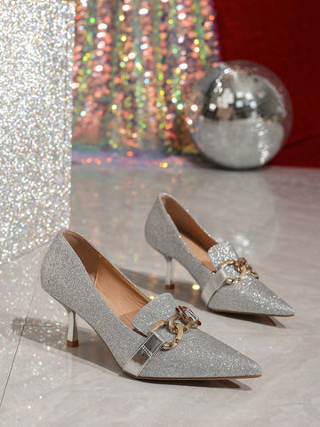 Elegant Silver Pointy Toe High Heels With Bow Accent, Women's Fashion Dress Shoes For Spring Autumn, Unique Design Dainty Stiletto Pumps