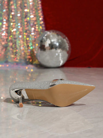 Elegant Silver Pointy Toe High Heels With Bow Accent, Women's Fashion Dress Shoes For Spring Autumn, Unique Design Dainty Stiletto Pumps