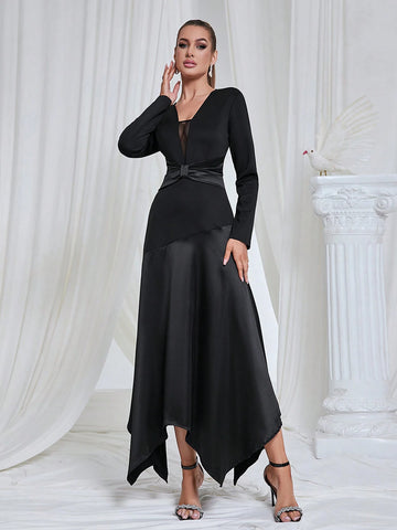 Elegant Simple Small V-Neck Solid Color Asymmetrical Long Dress Woman