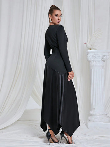 Elegant Simple Small V-Neck Solid Color Asymmetrical Long Dress Woman