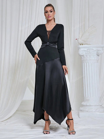 Elegant Simple Small V-Neck Solid Color Asymmetrical Long Dress Woman