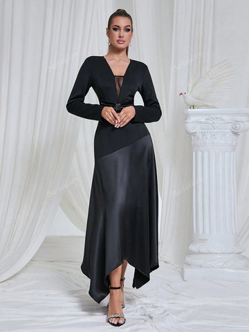 Elegant Simple Small V-Neck Solid Color Asymmetrical Long Dress Woman