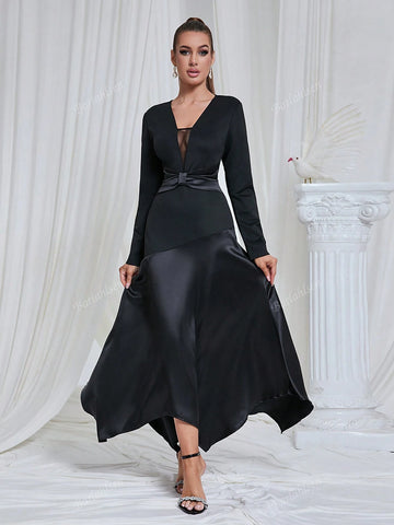 Elegant Simple Small V-Neck Solid Color Asymmetrical Long Dress Woman