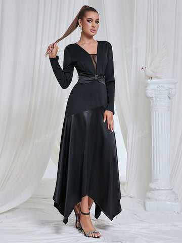 Elegant Simple Small V-Neck Solid Color Asymmetrical Long Dress Woman