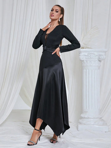 Elegant Simple Small V-Neck Solid Color Asymmetrical Long Dress Woman