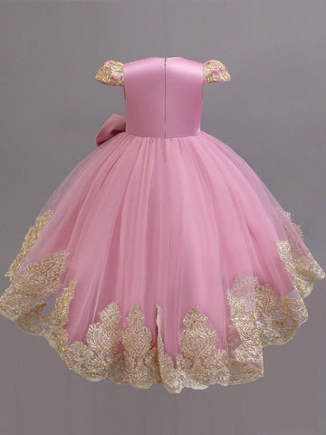 Elegant Sleeveless Embroidered Trailing Princess Dress, Luxurious Tulle Puffy Flower Girl Formal Gown For Performance/Occasion