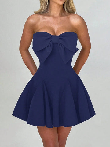 Elegant Sleeveless Solid Color Bow Mini Dress, For Autumn