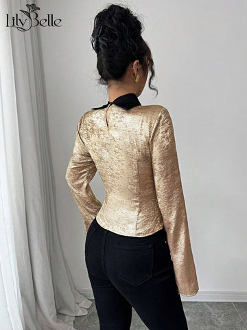 Elegant Slim Fit Women's Gold Shiny Fabric Lace Up Bow Bell Sleeve Cute Tops