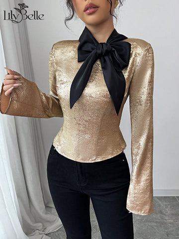 Elegant Slim Fit Women's Gold Shiny Fabric Lace Up Bow Bell Sleeve Cute Tops