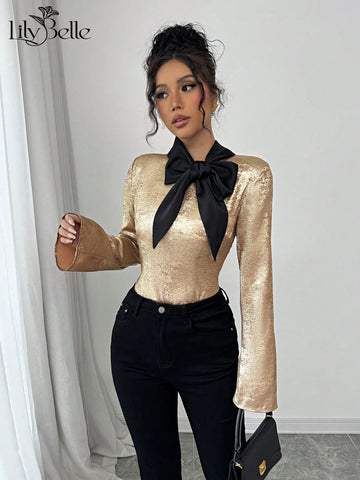 Elegant Slim Fit Women's Gold Shiny Fabric Lace Up Bow Bell Sleeve Cute Tops