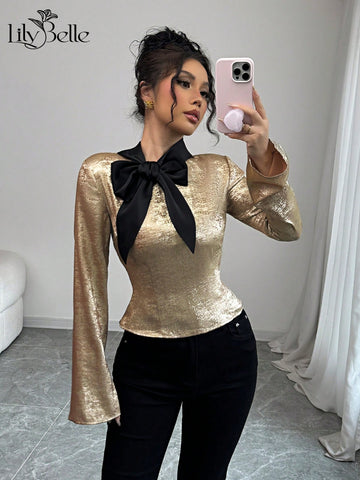 Elegant Slim Fit Women's Gold Shiny Fabric Lace Up Bow Bell Sleeve Cute Tops