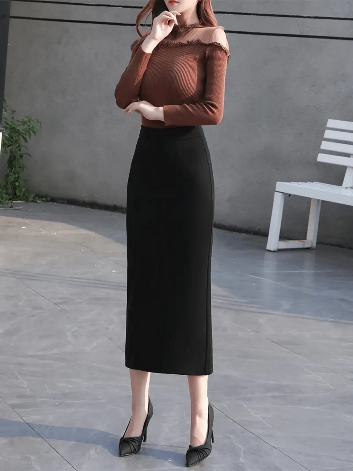 Elegant Solid Color High Waist Fitted Pencil Skirt, Autumn