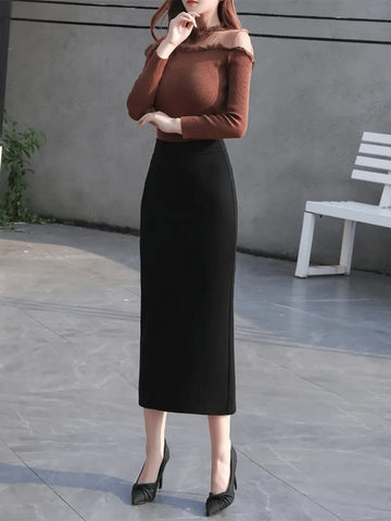Elegant Solid Color High Waist Fitted Pencil Skirt, Autumn