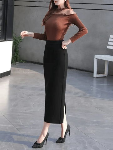 Elegant Solid Color High Waist Fitted Pencil Skirt, Autumn