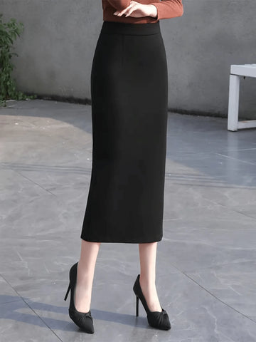 Elegant Solid Color High Waist Fitted Pencil Skirt, Autumn