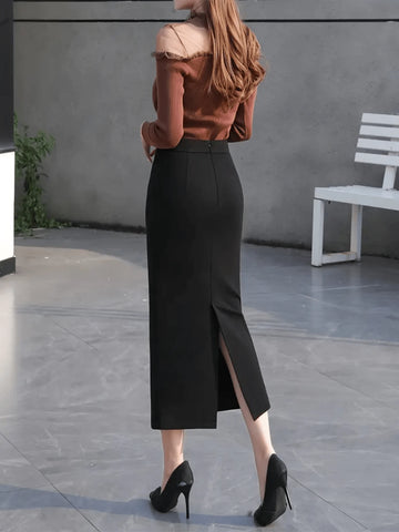 Elegant Solid Color High Waist Fitted Pencil Skirt, Autumn