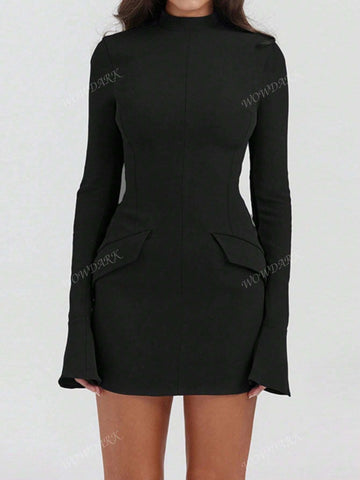 Elegant Solid Color Long Sleeve Bodycon Mini Dress For Autumn