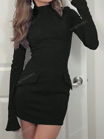 Elegant Solid Color Long Sleeve Bodycon Mini Dress For Autumn