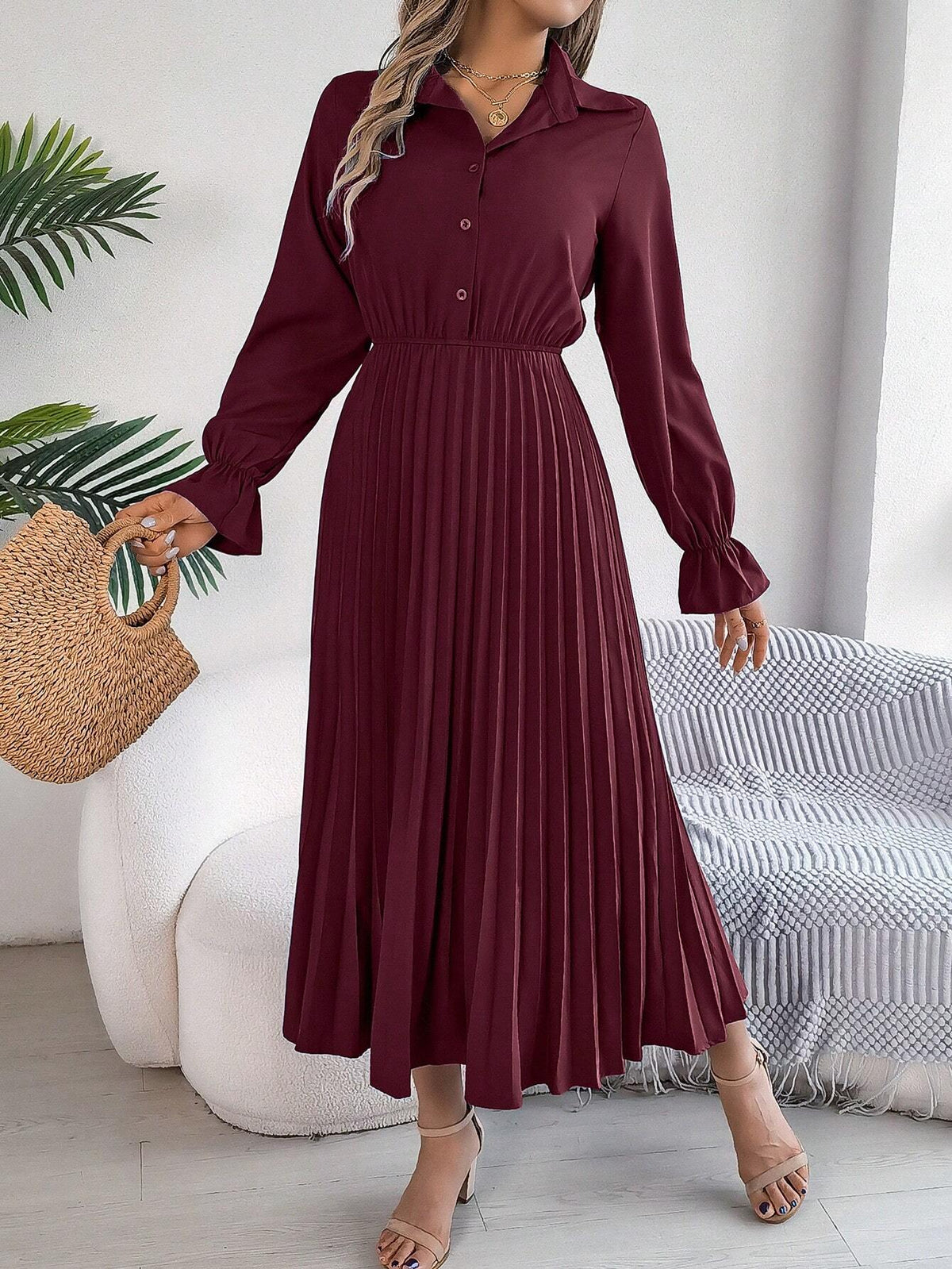 Elegant Solid Color Ruffle Collar Flare Sleeve Pleated Maxi Dress For Spring/Summer
