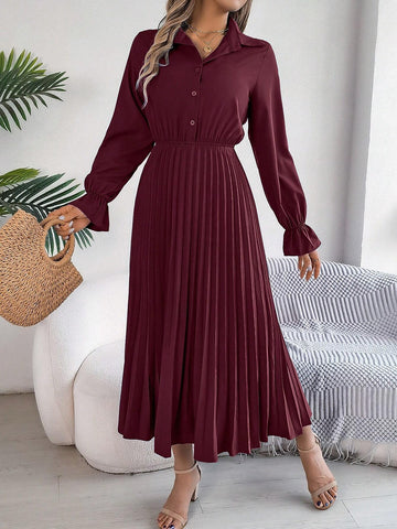 Elegant Solid Color Ruffle Collar Flare Sleeve Pleated Maxi Dress For Spring/Summer