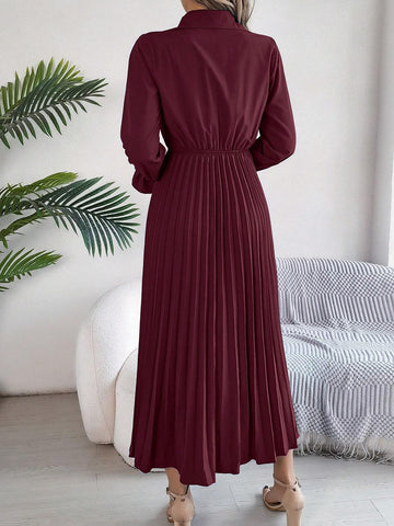 Elegant Solid Color Ruffle Collar Flare Sleeve Pleated Maxi Dress For Spring/Summer