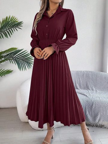 Elegant Solid Color Ruffle Collar Flare Sleeve Pleated Maxi Dress For Spring/Summer