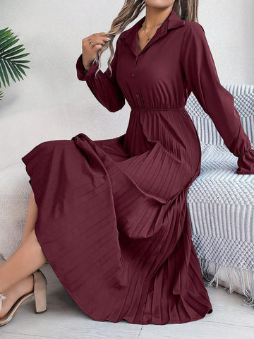 Elegant Solid Color Ruffle Collar Flare Sleeve Pleated Maxi Dress For Spring/Summer