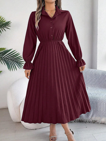 Elegant Solid Color Ruffle Collar Flare Sleeve Pleated Maxi Dress For Spring/Summer