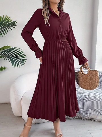 Elegant Solid Color Ruffle Collar Flare Sleeve Pleated Maxi Dress For Spring/Summer