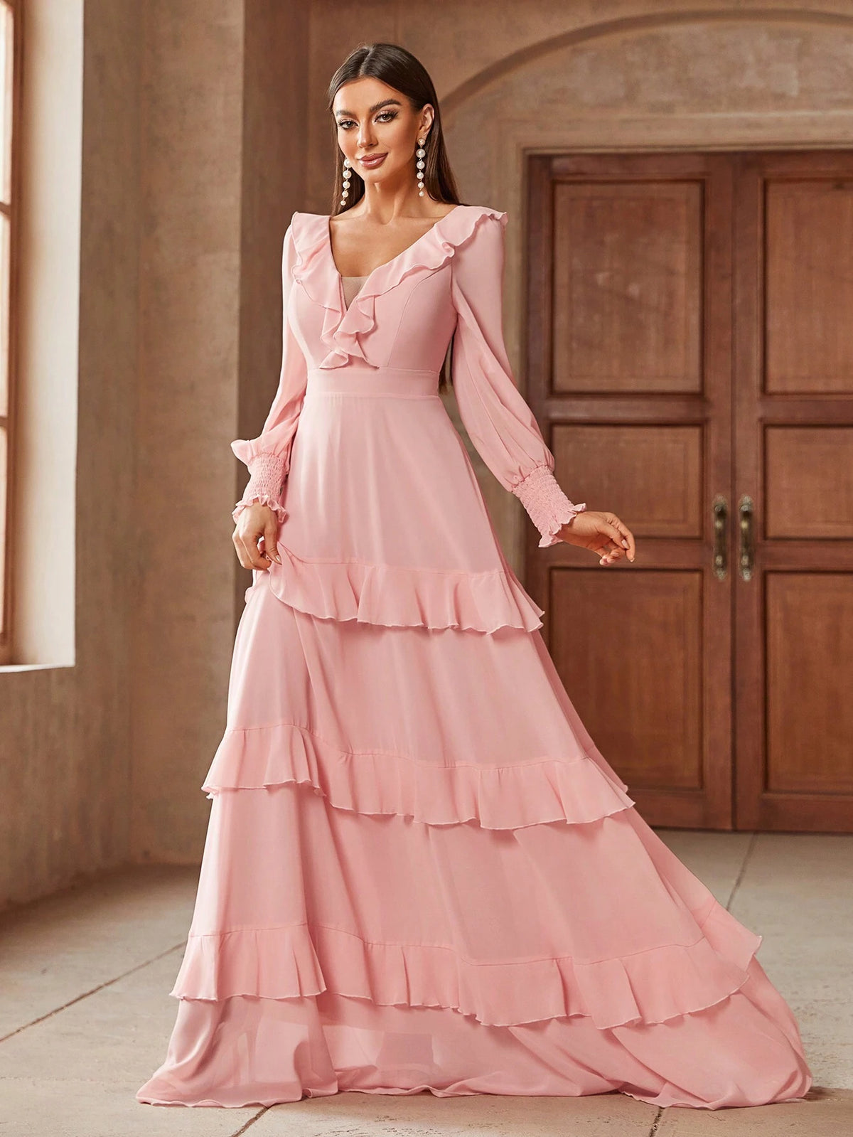 Elegant Solid Color Ruffled Waist Belt And Flared Hem Extra-Long Bridesmaid Wedding Party Dress