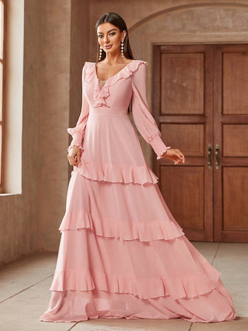 Elegant Solid Color Ruffled Waist Belt And Flared Hem Extra-Long Bridesmaid Wedding Party Dress