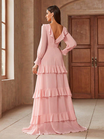 Elegant Solid Color Ruffled Waist Belt And Flared Hem Extra-Long Bridesmaid Wedding Party Dress