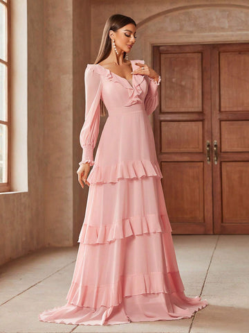 Elegant Solid Color Ruffled Waist Belt And Flared Hem Extra-Long Bridesmaid Wedding Party Dress